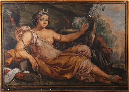 ARTISTA ROMANO DEL XVIII SECOLO Diana cacciatrice. Affresco su tela. Cm...