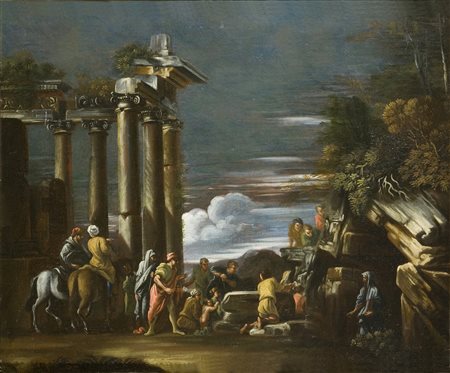 ARTISTA NAPOLETANO DEL XVII SECOLO Architettura con personaggi. . Olio su...