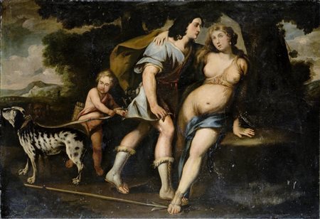 ARTISTA DEL XVII SECOLO. Personaggi con cane. Olio su tela. Cm 177,50 x...