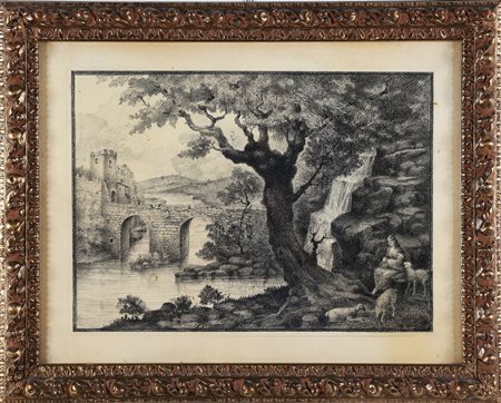 JOLI FAUSTINO (1814 - 1876) Paesaggio con personaggi. . 1843. China su carta....