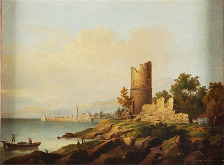 ARTISTA ITALIANO DEL XIX SECOLO Paesaggio con figure. . Olio su tela. Cm...