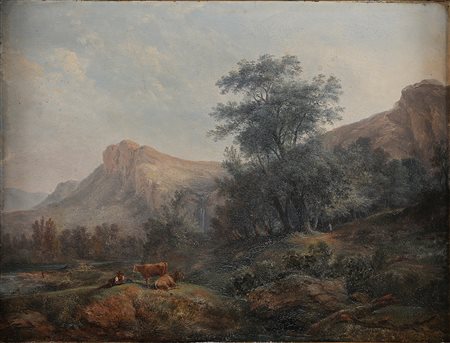 ANONIMO DEL XIX SECOLO Paesaggio con buoi. . Olio su tavola. Cm 38,00 x...