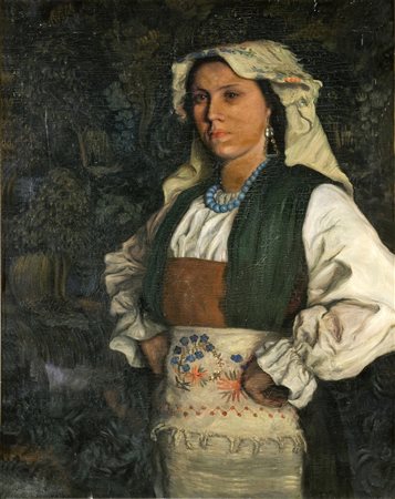 ARTISTA DEL XIX SECOLO Ritratto di donna in costume. . Olio su tela. Cm 75,00...