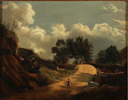 FERRARI GIOVANNI BATTISTA (1829 - 1906) Strada con viandante. . Olio su tela....
