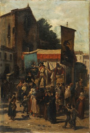ARTISTA DEL XIX SECOLO Pittore all'opera in piazza. Olio su tela. Cm 40,00 x...