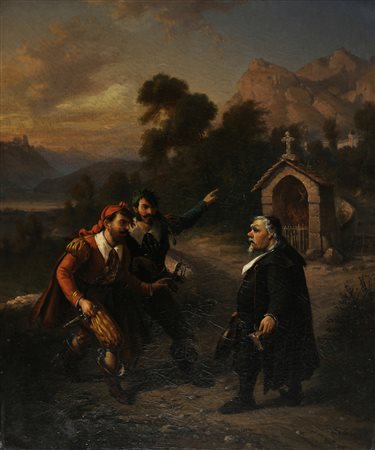 SERRITELLI GIOVANNI (1810 - 1880) Don Abbondio e i bravi. . Olio su tela. Cm...