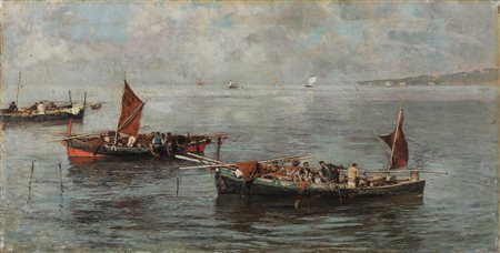 PRATELLA ATTILIO (1856 - 1949) Marina con barche. . Olio su tela. Cm 32,00 x...