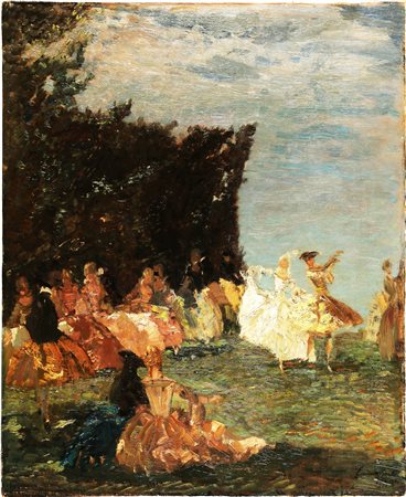 CIARDI EMMA (1879 - 1933) Ballo nel parco. . 1921. Olio su tavoletta. Cm...