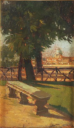 ARTISTA DEL XX SECOLO Pincio con veduta di San Pietro. Olio su cartone. Cm...