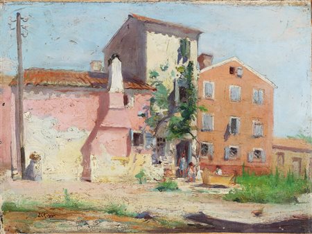 RIZZI EMILIO (1881 - 1952) Case. Olio su cartone. Cm 40,00 x 30,00. Firma in...