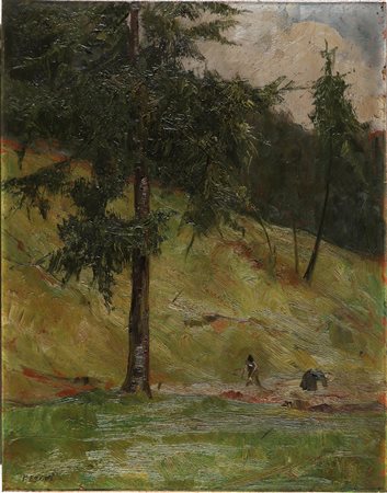 LEIDI PIETRO (1892 - 1930) Paesaggio con contadina. Olio su cartone pressato....