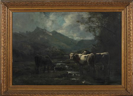 LEVIGNE THEODORE (1848 - 1912) Armenti al pascolo. Olio su tela . Cm 108,00 x...