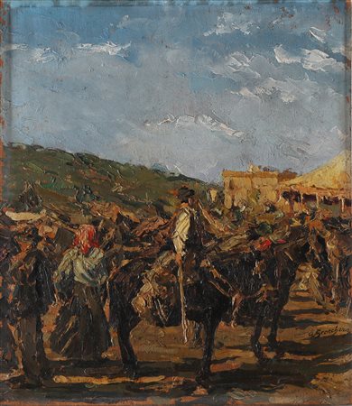 SCOCCHERA ALFREDO (1887 - 1955) Cavalieri in un paesaggio. Olio su tavola. Cm...