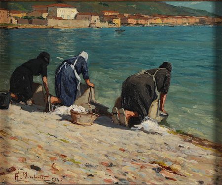MUCCHETTI ANGELO (1912 - 1960) Lavandaie. 1940. Olio su tavola. Cm 44,00 x...