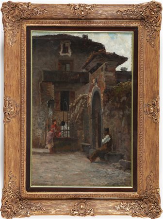 SOLDINI ARNALDO (1862 - 1936) Donna al pozzo. Olio su tela . Cm 35,00 x...