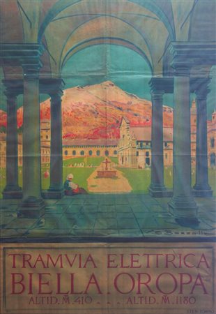 MANIFESTO DI GIUSEPPE BOZZALLA "Tramvia elettrica Biella - Oropa" 1920 95x66...
