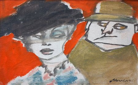 MACCARI MINO Siena 1898 - 1989 Roma "Figure" 1958 25x40 olio su tela Opera...