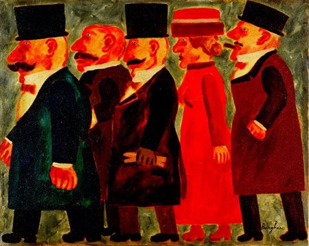 BORGHESE FRANZ Roma 1941 - 2005 "Cinque personaggi di profilo" 40x50 olio su...