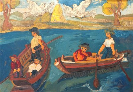 SERAFINI GIUSEPPE 1915 - 1987 "La nave" 1974 50x70 olio su cartone Opera...