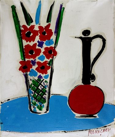 MONACHESI SANTE Macerata 1910 - 1991 Roma "Fiori con caraffa" 60x50 olio su...