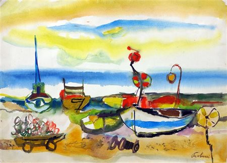 PAULUCCI ENRICO Genova 1901 - 1999 Torino "Barche" 1980 36x50 tempera su...