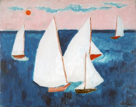 PAULUCCI ENRICO Genova 1901 - 1999 Torino "Vele" 1985 40x50 olio su tela...