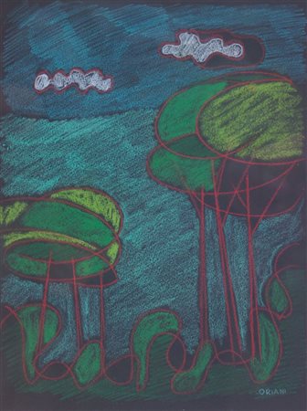 ORIANI PIPPO Torino 1909 - 1972 Roma "Paesaggio con alberi" 31x23 pastelli su...