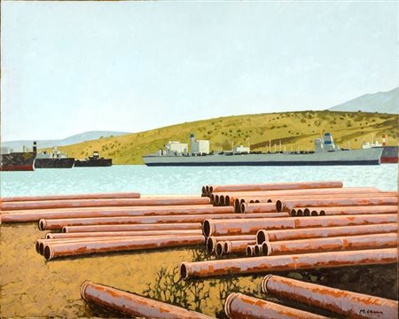 CHESSA MAURO Torino 1933 "Igoumenitza" 1982 80x100 olio su tela Opera firmata...