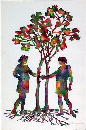 MARTELLI PLINIO Torino 1945 - 2016 "Figure ed albero" 1992 45x30 gouache su...