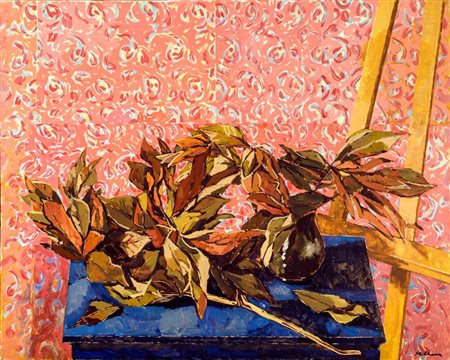 CHESSA MAURO Torino 1933 "Foglie e mezzero" 1993 80x100 olio su tela Opera...