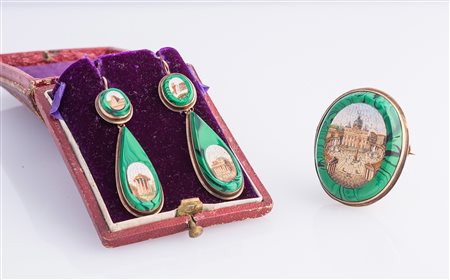 Parure micromosaico su malachite oro 14 kt prima metà '800. . . [Nessun...