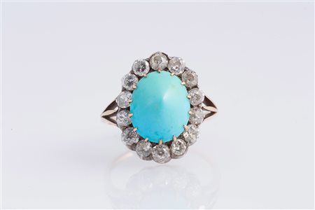 Anello in oro e argento con turchese e diamanti taglio vecchio. . . [Nessun...