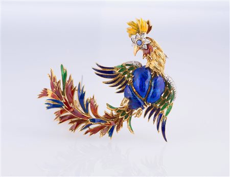 CHANTECLER Spilla "Gallo" anni '50 in oro 18 kt gr 34.53 in smalto, zaffiro e...