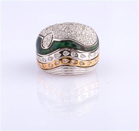 NOUVELLE BAGUE Anello in oro bianco-rosso e smalti. Brillanti cts. 1.20 e oro...