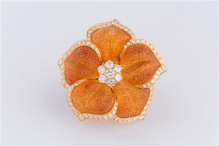 DE AMBROSI Anello in oro 18 kt gr 26.70, petali di quarzo citrino, diamanti...