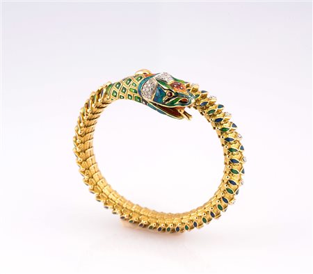 Bracciale finemete smaltato a segmenti snodati, oro giallo 18 k, gr 90,...