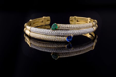 Girocolli semirigido in oro 18 kt gr 118 e diamanti per cts 11 circa, zaffiro...