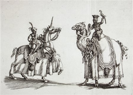 Anonimo del XVII secoloPiccoli mori in sella ad unicorno e dromedario con...