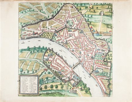 Frans Hogenberg Georg Braun Basilea.1590Incisione in rame in bella coloritura...