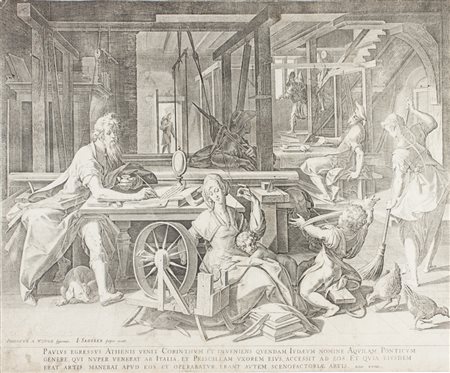 Johannes I Sadeler San Paolo a Corinto in casa di Aquila e Priscilla. Bulino....