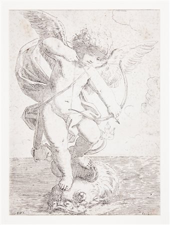Gerolamo Scarsello Eros con arco e freccia su un delfino. Acquaforte. mm...