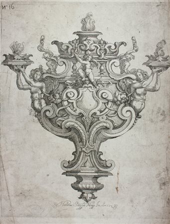 Orazio Scoppa Progetto per lampada votiva.1642Acquaforte.mm 370x293. Foglio:...