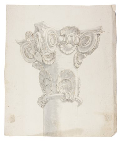 Mauro Tesi Progetto per capitello con conchiglie. Penna e acquerello bruno,...