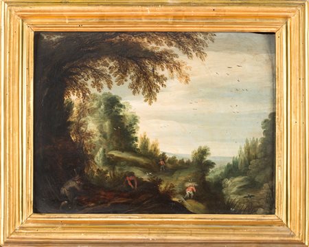 Scuola fiamminga del XVII secoloPaesaggio con cacciatore e uomo con fascina....