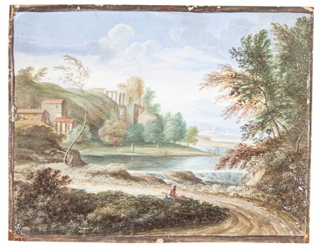 Scuola fiamminga del XVII secoloPiccolo paesaggio con cascatella e giovane...