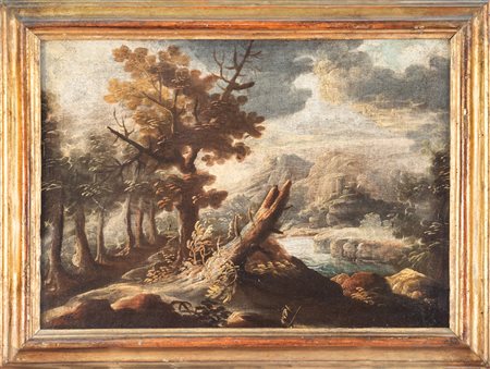 Anonimo del XVIII secoloPaesaggio con rovine ed albero morto. Olio su tela....
