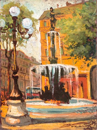 Alberto Focardi Scorcio con piazza e fontana. Olio su cartone. cm 39,5x30,5....