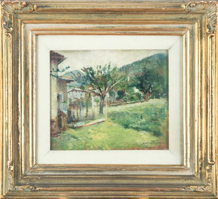 Angelo Montegani Paesaggio di Val di Sole.1935Olio su tavola. cm 20x23,5....