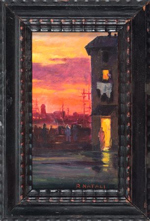Renato Natali Tramonto sul porto di Livorno. Olio su compensato. cm 31x16,5....