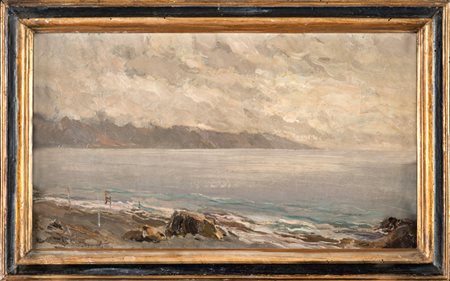 Ernesto Rigamonti Marina. Olio su tela. cm 25,5x46,5. Firmato in basso al...